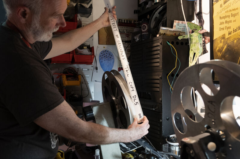 Projectionist prepareing a 35mm print of Street of Crocodiles