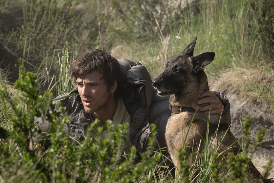 A young man and his dog take cover in a field