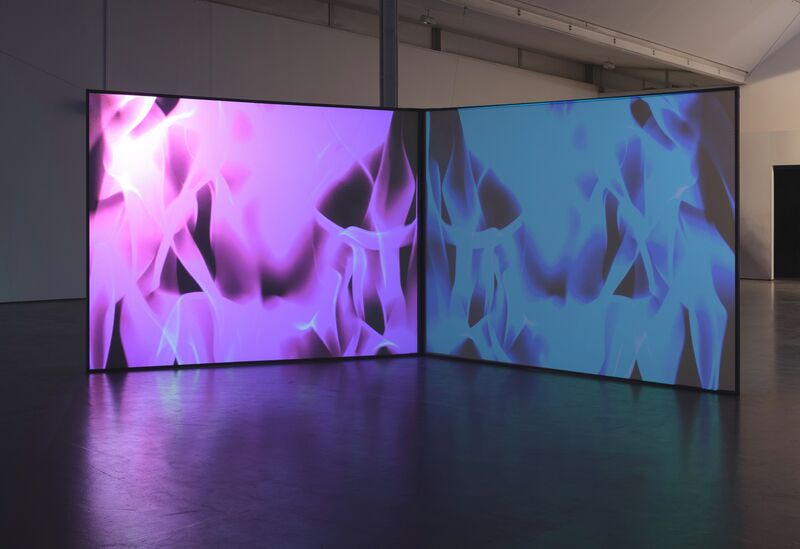 From Florian & Michael Quistrebert's exhibition. Two large screens show abstract digital patterns in blue and pink.