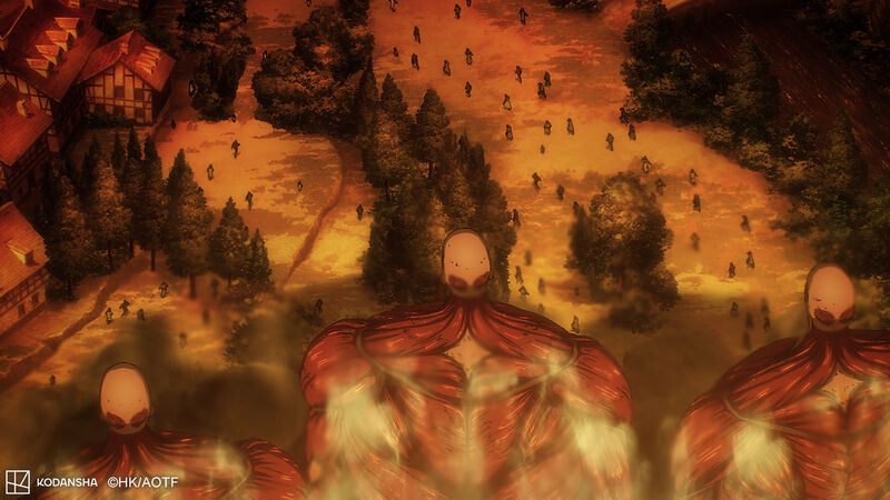 An anime still shows huge muscular titans chase after villagers.