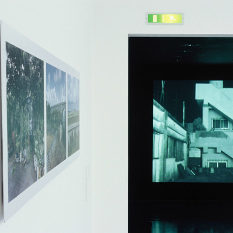 From Behind Closed Doors at DCA Galleries. On one wall, there are photographs of foliage. Through a door, the other room is dark, but there is a dark image of a house which is photographed with a blue tinge.