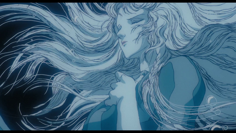 Anime still of a woman with long white hair