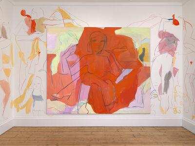 A large canvas on a wall with the painted images of women spilling onto the wall itself