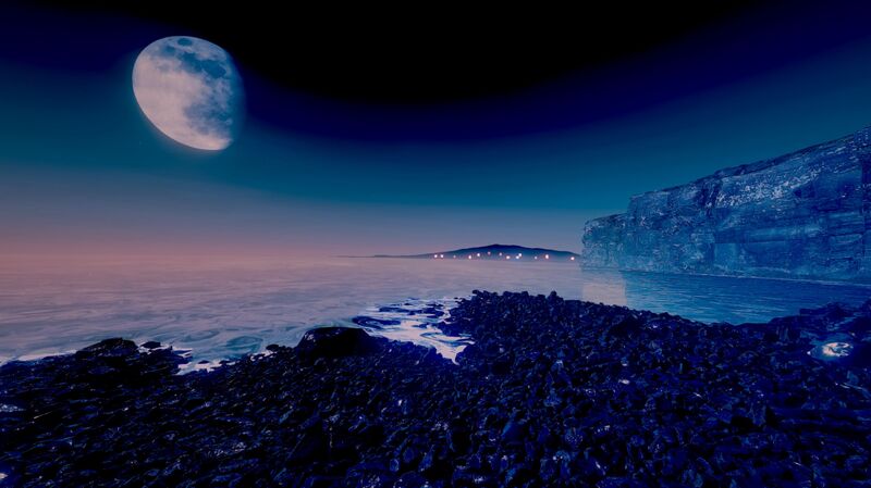 A large, almost full moon shines in the dark over a cliff and sea