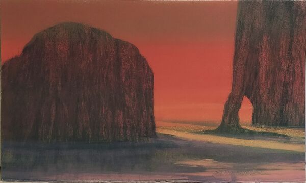 Print of a coastline in reds and yellows