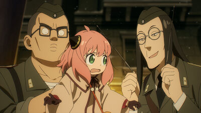 Three anime characters - two men in army uniform and a young girl with pink hair.