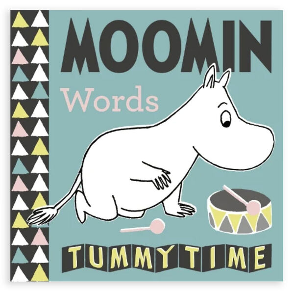 Cover of Moomin Words Tummy Time book with a Moomin and a drum against a blue background