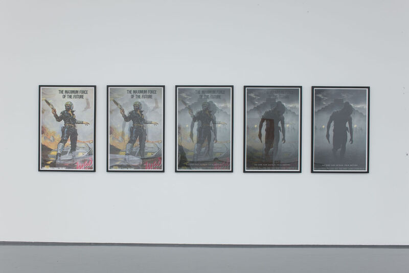 From Jonathan Horowitz's exhibition. A vintage movie style poster, which is repeated 5 times but change gradually. The first image show a person wearing motorcycle gear, holding a gun. The text says 'The maximum force for the future'. By the last picture, there is a dark shadowy. figure walking in front of a pyramid.