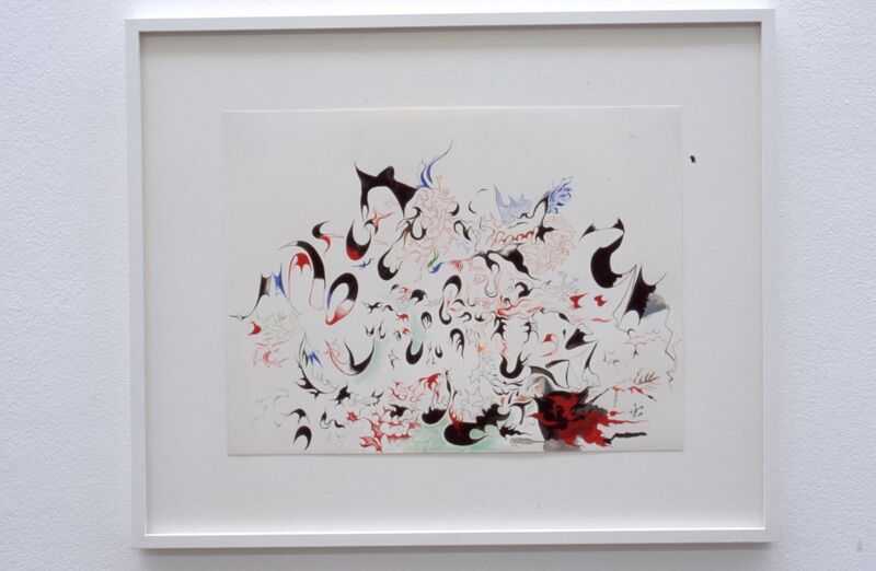 A framed drawing which contains very fine, curved, colourful lines.