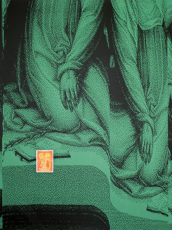 Print of statues hands against a green background