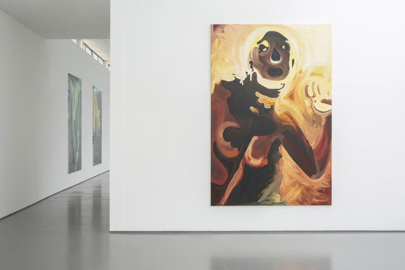 Installation view of Gallery 1 with bright natural light and white walls. A painting to the right shows a figure's upper body and head in an abstracted style. The paint strokes are bold and broad.  