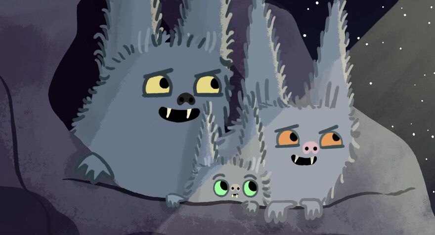 A family of bats look happily upwards
