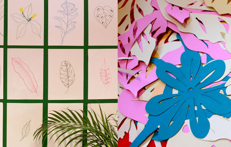 Cut-outs and drawings of leaves.