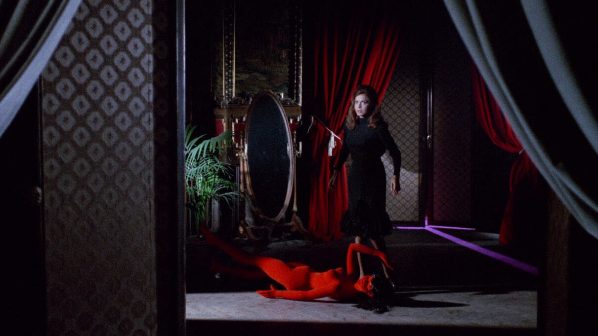 Woman standing in a room with a mirror, plant and curtains. At her feet is a red manaquin that has fallen over