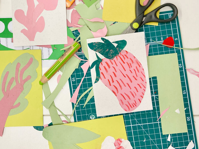 Collage of a strawberry made using patterned paper