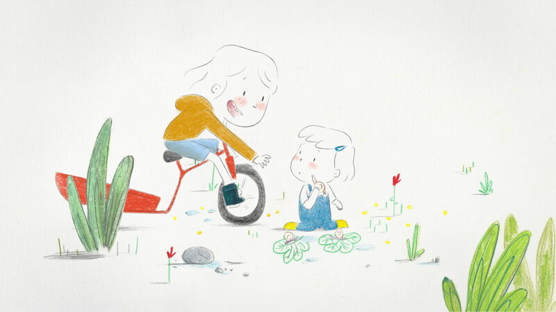 An animated film still shows a little girl cycling a tricycle talk to another different girl