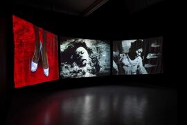 3 screens hand on a back wall of a gallery their reflection on the floor. On screen: silver shoes on a red carpet, a blurred Cowardly Lion, a lady looking down