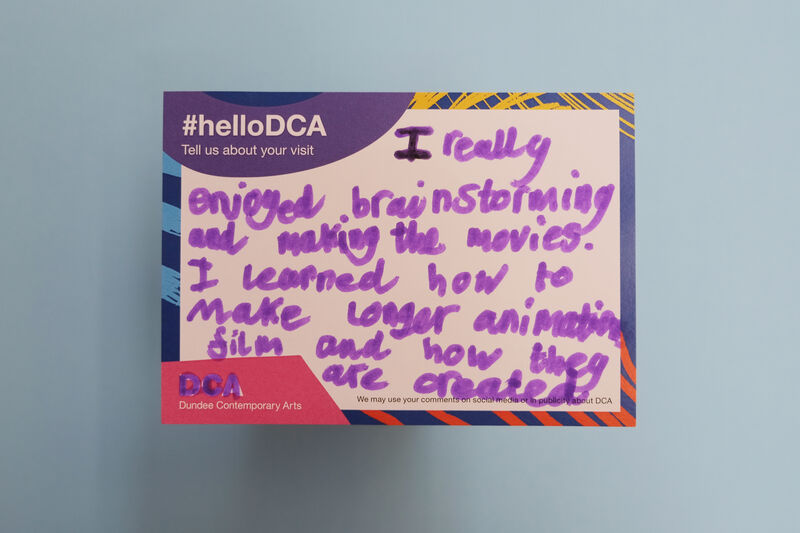 Handwritten feedback card: I really enjoyed brain storming and making the movies. I learned how to make longer animation and how they are created