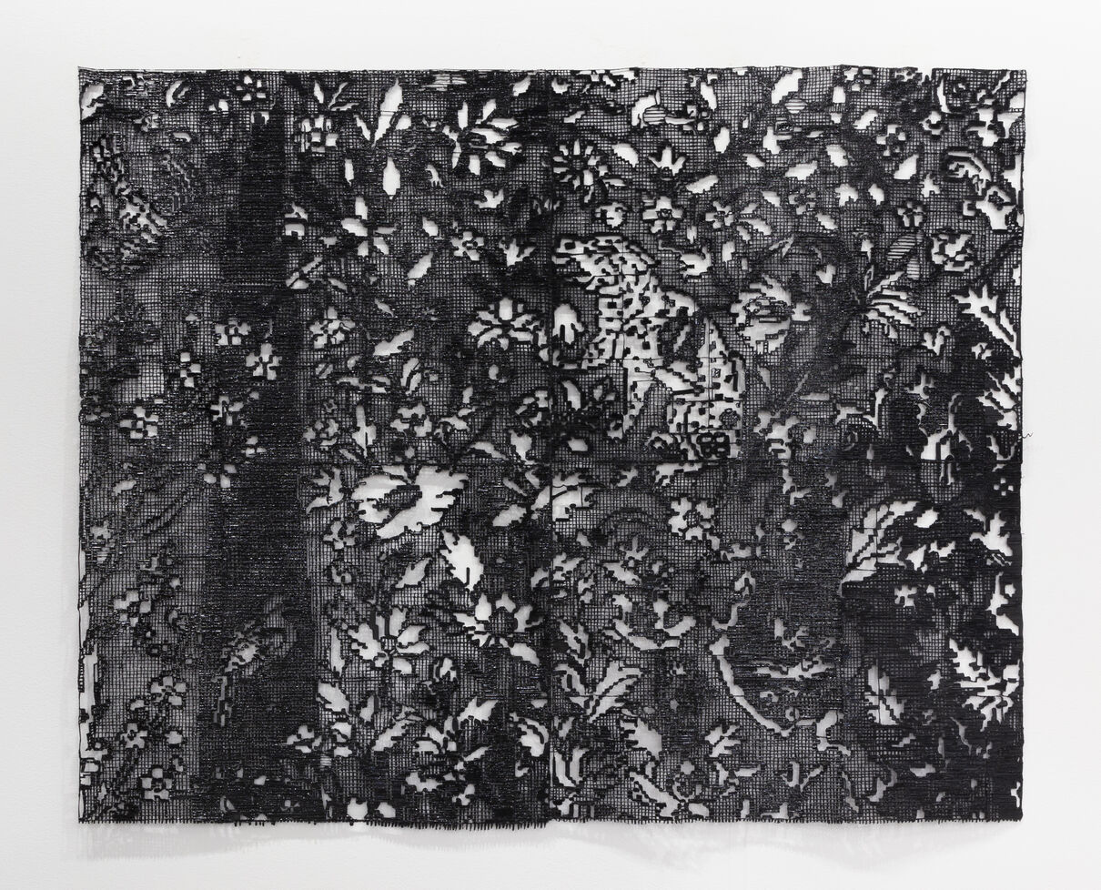 An artwork that looks like black lace, made with 3d filament