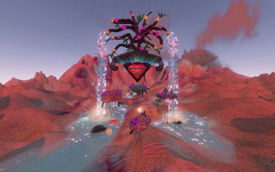 A video game screen shot shows an elaborate fountain made of wood floating in the sky, pouring waterfalls into a volcanic lake.
