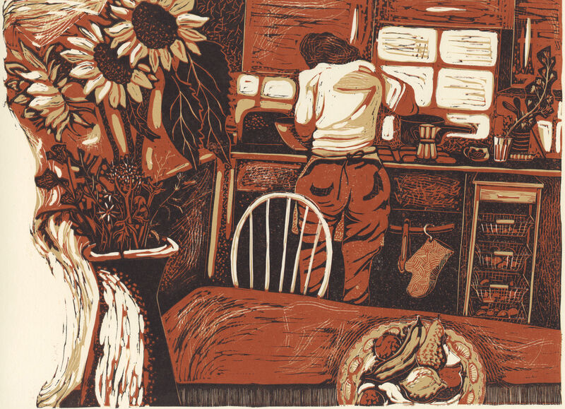Lino print of a person in a kitchen