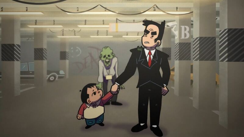 Animated still shows a small boy with a man, a zombie following them through a car park.