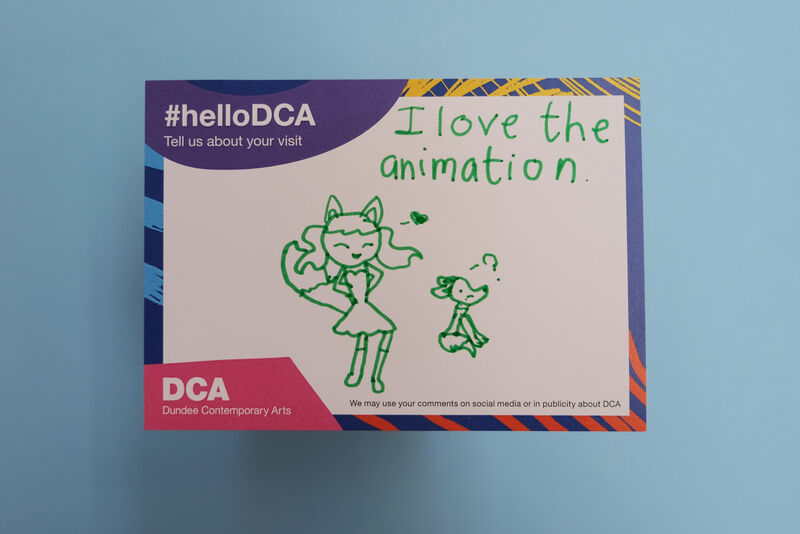 Handwritten feedback card: I love the animation with drawings of a girl and a dog