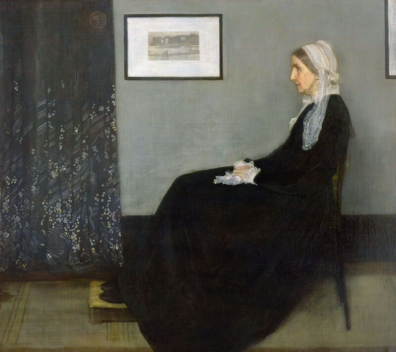 The famous Whistler's Mother painting, showing a seated woman in dark clothing looking to the left of the canvas