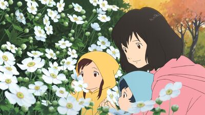 An anime still shows a woman and two small children look at a field of flowers together