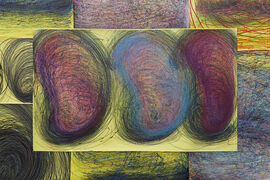 Artwork of fine lines in spiral pattern on a yellow background