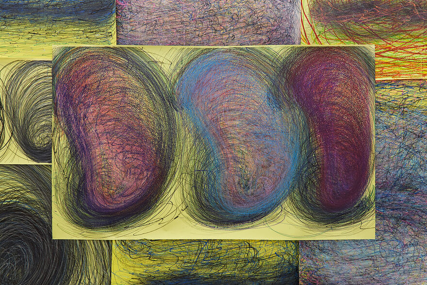 Artwork of fine lines in spiral pattern on a yellow background