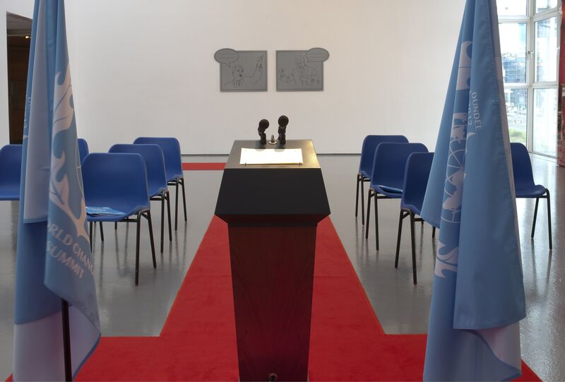 From 'Imagine Being a World Leader', DCA Galleries has been made up to look like a UN Pres Conference room, with chairs, flags and a red carpet. There is also a podium for making speeches from.