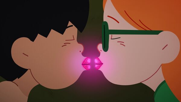 Animation still: two teens kiss lightly, their lips sparkle