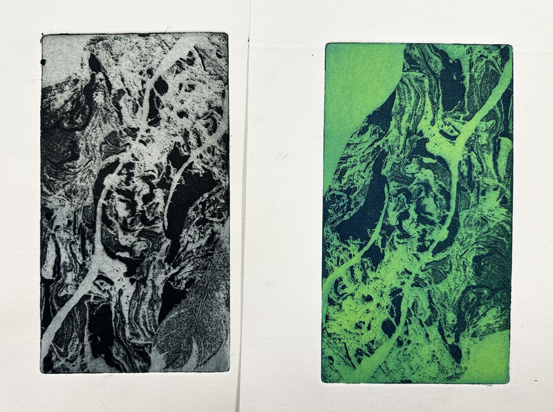 Two marble patterned prints, one in black and the other in green