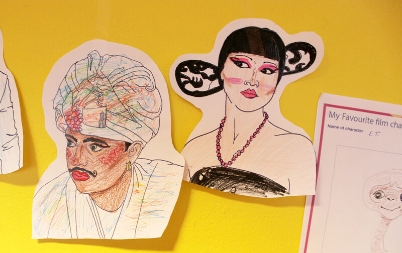 Cut out drawings of Sabu and Anna May Wong beside a My Main Character Activity sheet with a drawing of ET 