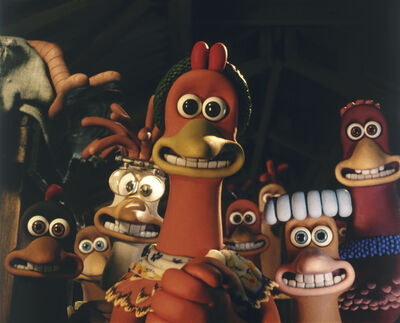 Claymation chickens look ahead excitedly