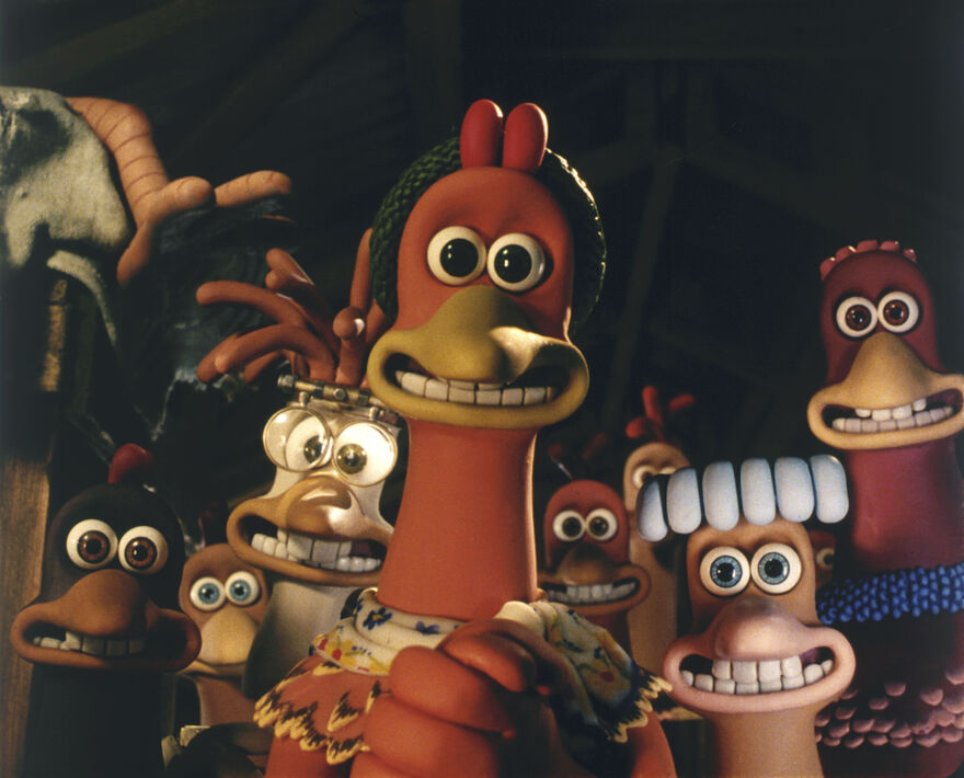 Claymation chickens look ahead excitedly