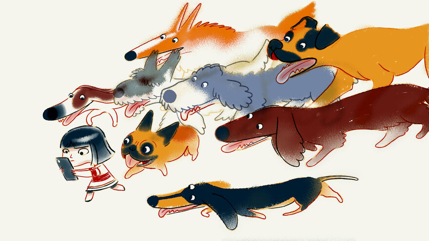 An illustration of a girl with a black bob staring at phone while being followed by a pack of friendly dogs