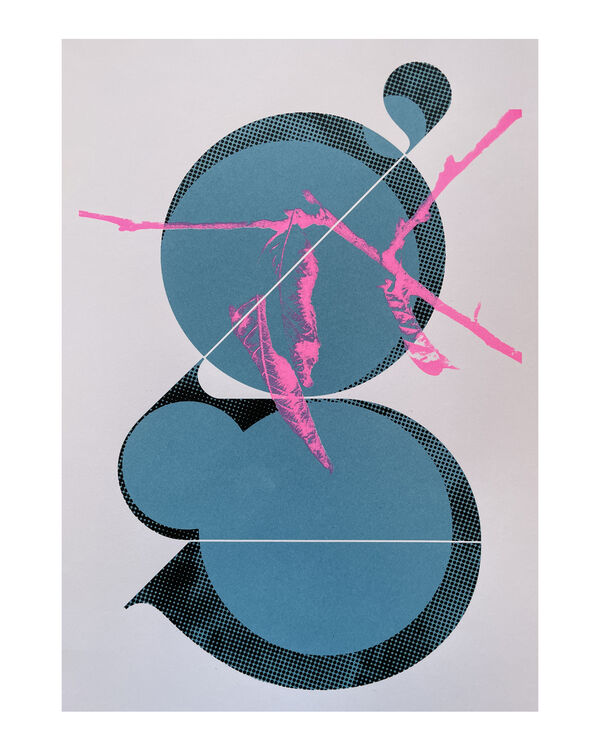 Abstract print in blue, black and bright pink