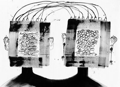 Still from Bulk of a drawing of two square heads connected