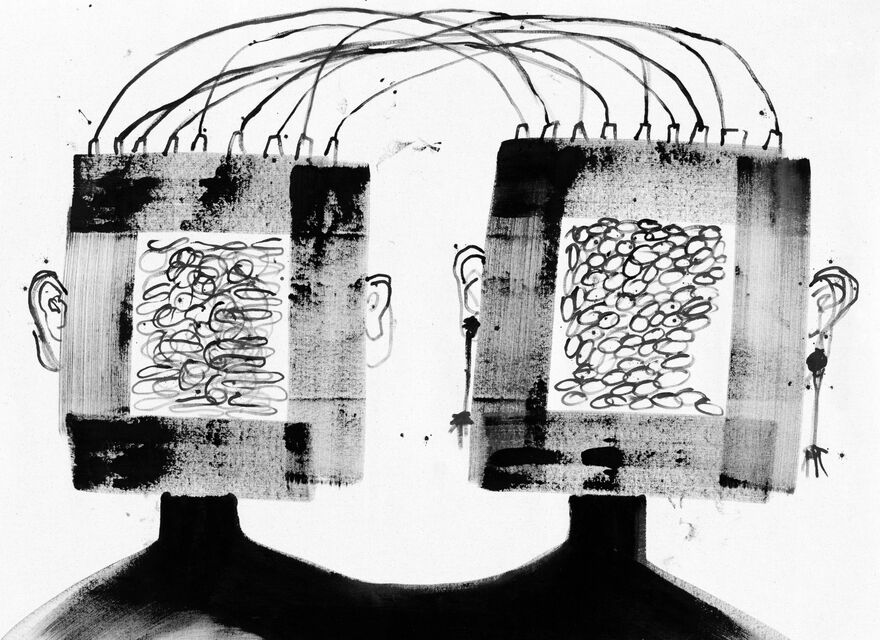 Still from Bulk of a drawing of two square heads connected