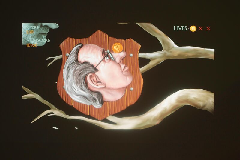 A close-up of Eddo Stern's game shows a man's side profile against a plank of wood. There are bare branches behind this, and the background is black. In the right corner a user interface says 'Lives' and shows the player has 1 life left.