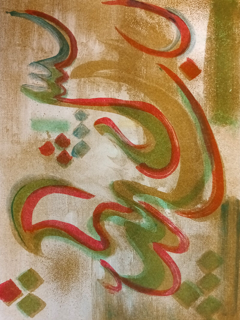 Abstract print featuring swirls and diamonds in green and red