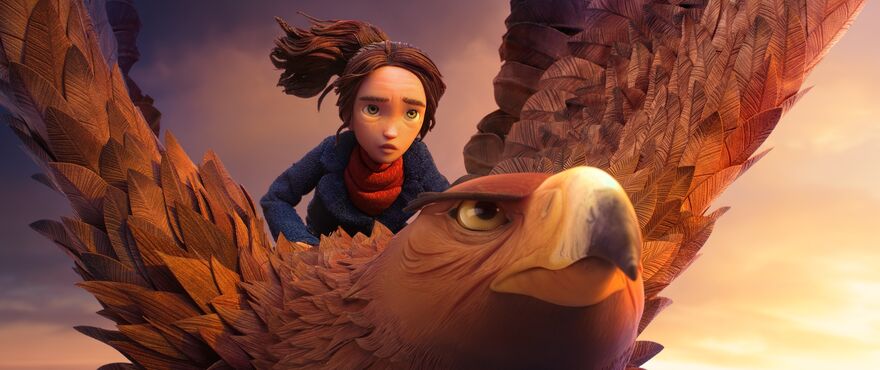 A young woman looks determined while riding a giant eagle in this stop-motion animation
