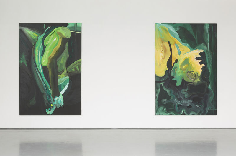 Installation view of Gallery 1 with bright natural light and white walls. A painting to the left in bright green shows a figure's upper body and head in an abstracted style. The paint strokes are bold and broad. To the right in similar colours is a second painting.