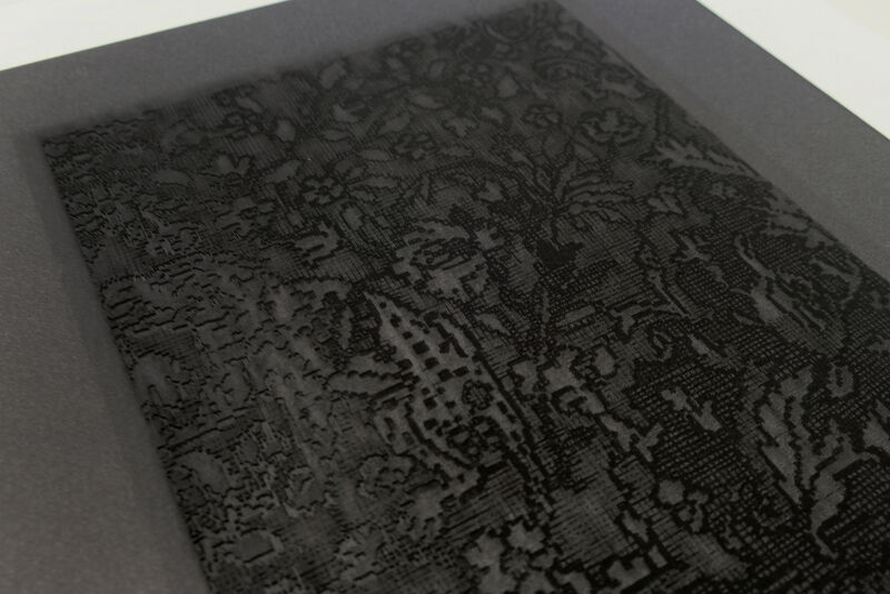 Tiger detail of Afterfeather: Caspian Tiger laser etching on black paper