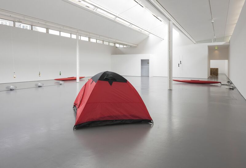 DCA Galleries during Roman Signer's exhibition. A red tent can be seen in the middle of the room.