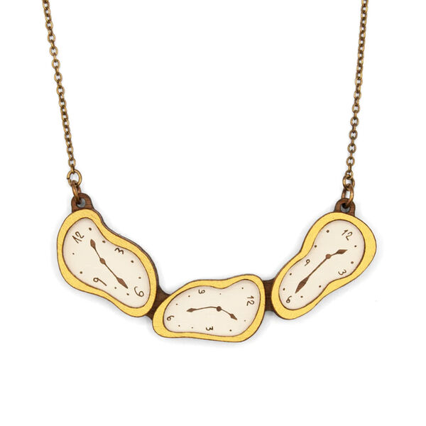 Three soft clock made with cut wood on a necklace chain