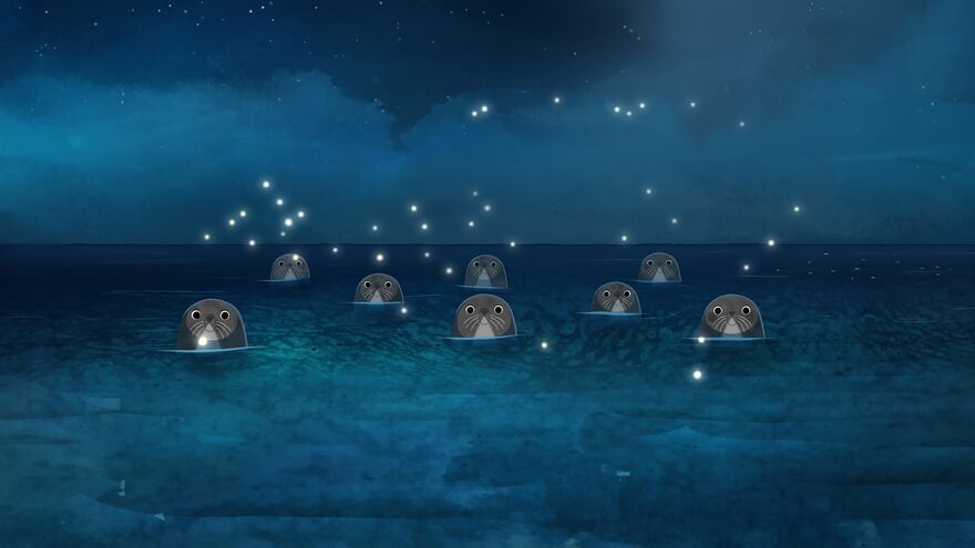 A group of seals look up from the water.