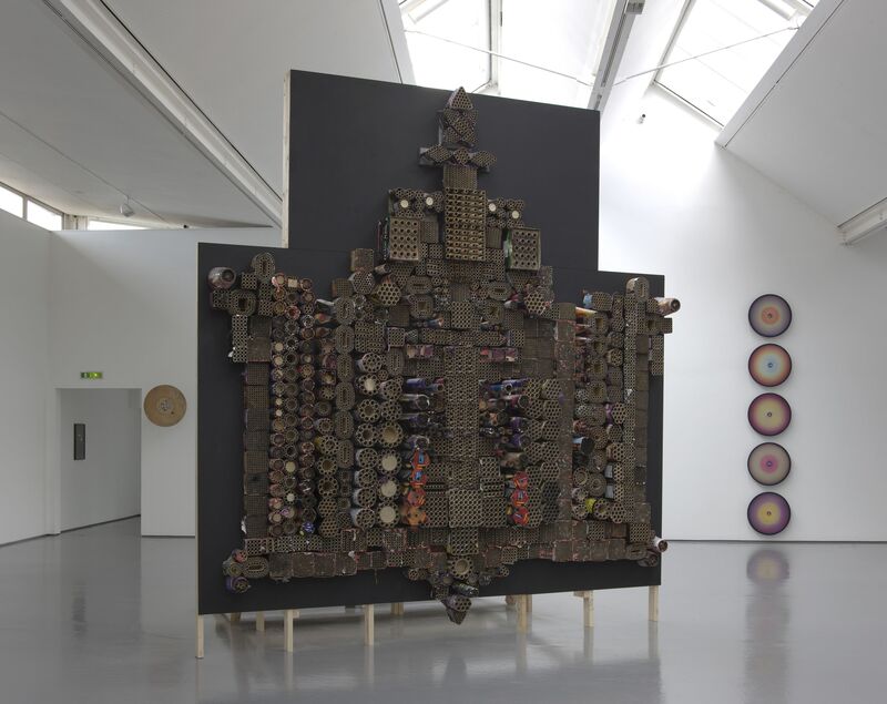 A large sculpture from Nina Rhode's exhibition, made entirely out of cardboard rolls. 